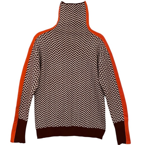 Cezele Women’s Brown Herringbone Knit w Orange Details Turtleneck Sweater L EUC - Picture 4 of 11
